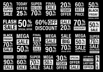 Big sale collection for banners, labels, posters. Black Friday sale. Vector illustration