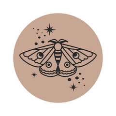 Moth and stars highlights for social networks. Line drawing esoteric, magical, mystical