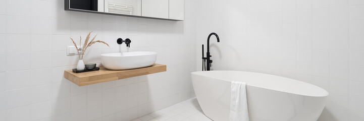 Spacious and minimalist bathroom, panorama
