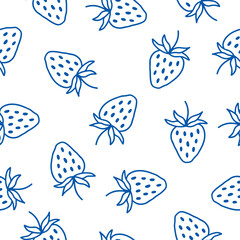Seamless pattern with blue hand drawn strawberries.