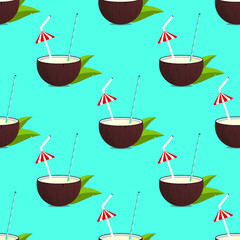 coconut milk seamless pattern background with cocktail glasses and blue hawaii background, CMYK color EPS flie.