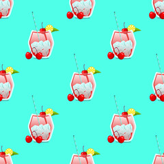 Red cherry cocktail seamless pattern background with cocktail glasses and blue hawaii background, CMYK color EPS flie.
