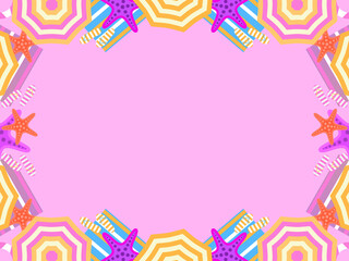 Obraz premium Beach frame, top view. Beach umbrellas and flip flops with starfish in flat style on pink background. Design a template for invitation, flyer and greeting card with space for text. Vector illustration