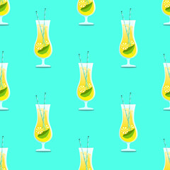 Lemon cocktail seamless pattern background with cocktail glasses and blue hawaii background, CMYK color EPS flie.
