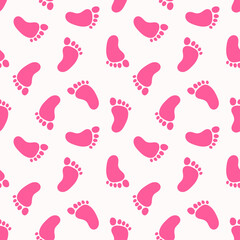 Seamless pattern with pink baby footprints