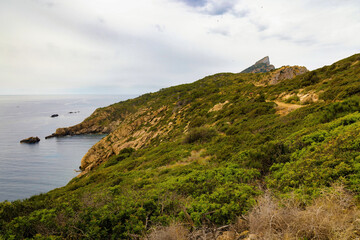 Fototapeta na wymiar Panoramic view of Dragonera Island from its northern point. Dragonera Natural Park, Balearic Islands, Spain