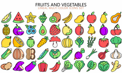 Set of flat fruits and vegetables icons, Contains such broccoli, peas, carrot, lime, melon and more. Used for modern concepts, web, UI, UX kit and applications. vector EPS 10 ready to convert to SVG.