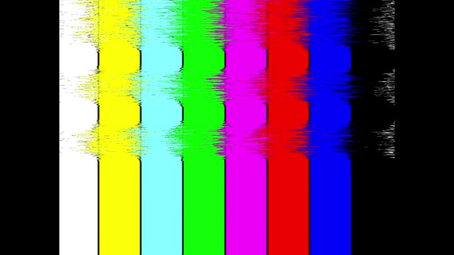 Test pattern from a tv transmission with colorful bars and interference of the TV 80s. SMPTE color stripe technical problems and retro tv screen flickering.