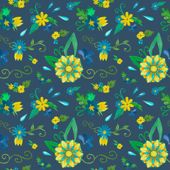 Watercolor seamless floral pattern at dark blue background. Spring ethnic flower illustration. Hand-drawn traditional art with blue and yellow flowers, green leaves for textile and pack.