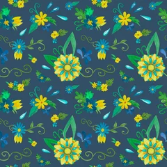 Deurstickers Watercolor seamless floral pattern at dark blue background. Spring ethnic flower illustration. Hand-drawn traditional art with blue and yellow flowers, green leaves for textile and pack. © Diana