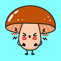 Cute angry mushroom character. Vector hand drawn cartoon kawaii character illustration icon. Isolated on blue background. Sad mushroom character concept