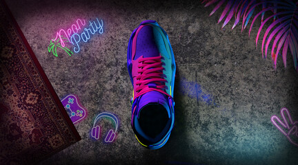 Sneaker nft. Sneaker in neon light. 3d graphics.