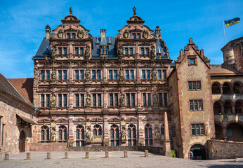 Fototapeta na wymiar View of the Friedrich‘s building (German Renaissance) of Heidelberg Castle from the patio. Baden Wuerttemberg, Germany, Europe