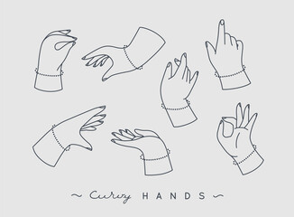 Set of curvy hands with fingers icons in different positions drawing on grey background