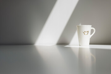 A white tall porcelain coffee cup with a crown on a white table with sun hitting the wall behind...