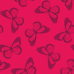 Seamless pattern with pink butteflies and pink background
