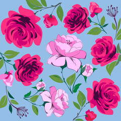 Seamless pattern with roses. Red roses on blue background. Tapestry, decoration, fabric, pattern vector illustration.