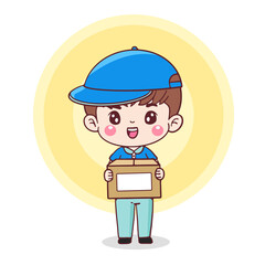 Cartoon character delivery man. courier in uniform holding cardboard boxes . Flat illustration isolated vector design
