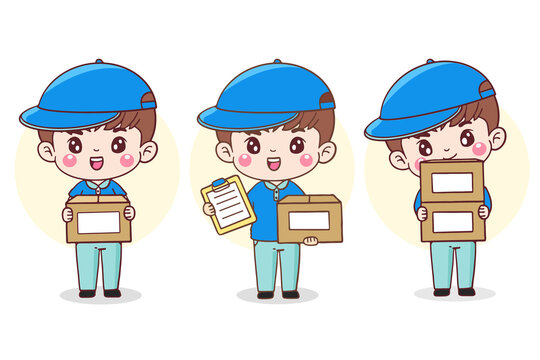 Set cartoon character delivery man. courier in uniform holding cardboard boxes . Flat illustration vector design