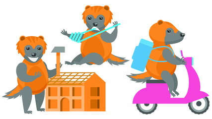 Set Abstract Collection Flat Cartoon Different Animal Wolverines Food Delivery On A Moped, Bandages His Hand First Aid Help, Building A House With A Hammer Vector Design Style Elements Fauna Wildlife