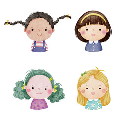 Set of watercolor little girl faces, avatars, kid heads different nationality in flat style. Set 2. - 515875175