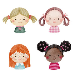 Set of watercolor little girl faces, avatars, kid heads different nationality in flat style. Set 2. - 515875177