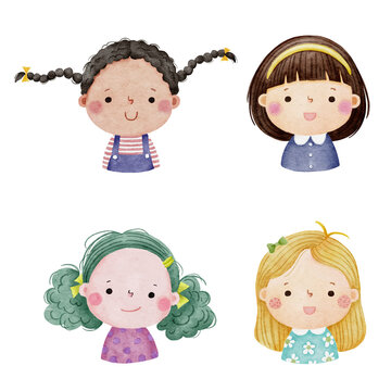 Set of watercolor little girl faces, avatars, kid heads different nationality in flat style. Set 2.
