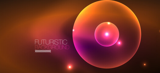 Shiny neon geometric abstract background. Glowing lights on round shapes, triangles and circles. Wallpaper for concept of AI technology, blockchain, communication, 5G, science, business