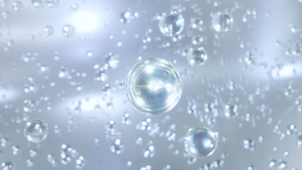 3D cosmetic rendering Bubbles liquid serum on a blurry background. Design of collagen bubbles. Essentials of Moisturizing and Serum Concept. Concept of vitamins for beauty and health.