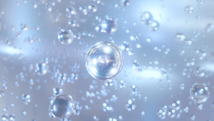 3D cosmetic rendering Blue Bubbles of serum on a blurry background. Design of collagen bubbles. Essentials of Moisturizing and Serum Concept. Concept of vitamins for beauty and health.