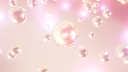 3D rendering of cosmetics Pearl on a blurry background, serum bubbles. Bubbles of collagen design. a concept for serums and moisturizing essentials. Vitamin as a concept for beauty and personal care.