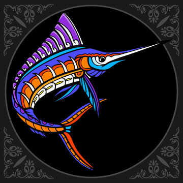 Marlin fish zentangle arts. isolated on black background