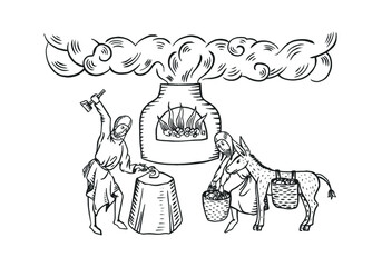 Medieval art of smithy with fire and smoke in forge, blacksmith workers with hammer and horseshoe and baskets of coal on donkey