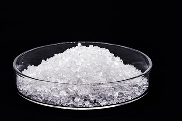 sodium chloride in petri dish, known as salt or table salt, important food preservative and popular seasoning, isolated on black background