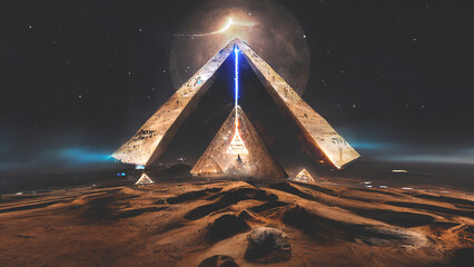 Night fantasy futuristic desert landscape with Egyptian pyramids. Night sky, rays of light, glare of the galaxy. Tunnel in the pyramid. 3D illustration. - obrazy, fototapety, plakaty