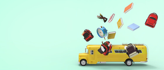 Back to School Concept. yellow School bus with accessory and books, alarm clock , backpack, Pencil, pen on Green background. Banner design, copy space, digital, website -3d Rendering