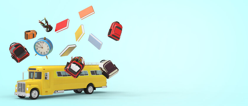 Back to School Concept. yellow School bus with accessories and books, alarm clock , school bag, Pencil, pen on blue background. Banner design, copy space, digital, website -3d Rendering