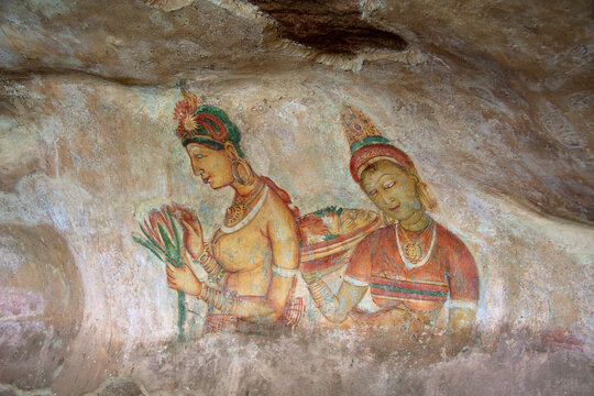 The Sigiriya Frescoes, painted in 480AD on the western surface of Sigiriya Rock, located in central Sri Lanka. 