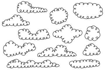 Set of hand drawn doodle clouds different form isolated on white background. Collection cartoon design elements. Vector illustration.