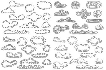 Set of hand drawn doodle clouds different form isolated on white background. Collection cartoon design elements. Vector illustration.