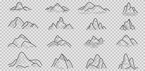 Fototapeta premium Set cartoon hand drawn silhouettes mountain isolated on transparent background. Collection various doodle nature landscapes. Vector design elements. Simple illustration.