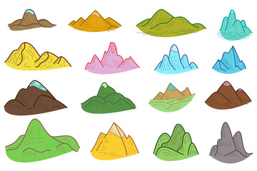 Set cartoon hand drawn silhouettes mountain isolated on white background. Collection various doodle nature landscapes. Vector design elements. Simple color illustration.