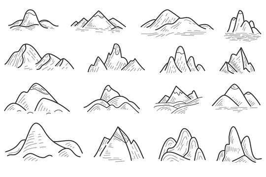 Set cartoon hand drawn silhouettes mountain isolated on white background. Collection various doodle nature landscapes. Vector design elements. Simple illustration.