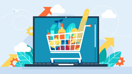 Online shopping. Full shopping cart with fresh grocery products on the background of the laptop. Web supermarket. Set of products. Food store, shop, supermarket. Flat design. Vector illustration.  © Yurii