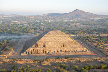 Closeup view of the ruins of Teotihuacan, Mexico - The Avenue of the Dead, the pyramid of the sun and the pyramid of the moon