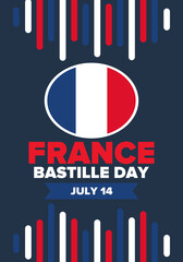 Bastille Day in France. National happy holiday, celebrated annual in July 14. French flag. France independence and freedom. Patriotic elements. Festive design. Vector poster illustration
