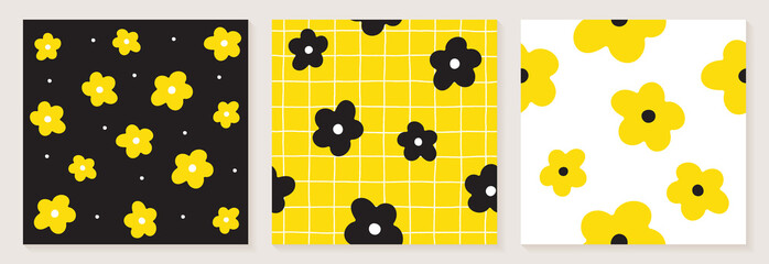 Cute Daisy Flower White Black Yellow Color Confetti Flat Style Fabric Textile Grid Line Check Seamless Pattern Background Botanic Meadow Summer Spring Card Set Collection Bundle Vector Illustration 