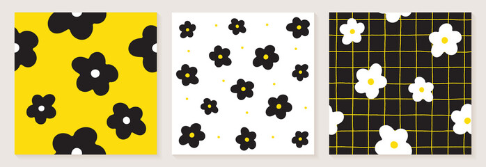 Cute Daisy Flower White Black Yellow Color Confetti Flat Style Fabric Textile Grid Line Check Seamless Pattern Background Botanic Meadow Summer Spring Card Set Collection Bundle Vector Illustration 