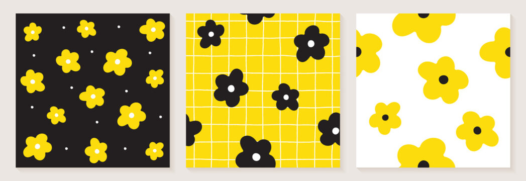 Cute Daisy Flower White Black Yellow Color Confetti Flat Style Fabric Textile Grid Line Check Seamless Pattern Background Botanic Meadow Summer Spring Card Set Collection Bundle Vector Illustration 