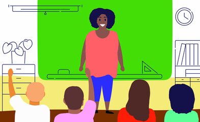 Teacher with pupils in classroom. Vector illustration. - 515880502
